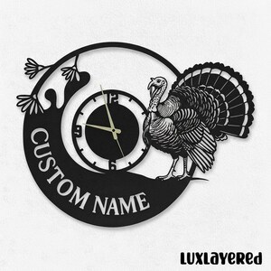 May include: Black metal wall clock featuring a turkey design. The clock has a circular face with hands indicating the time. The words "CUSTOM NAME" are displayed below the clock face. The clock is a decorative item.
