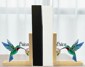 Fermalibri in vetro colorato con colibrì personalizzati, portalibri in legno con nome personalizzato, regalo decorativo per mensole colorate per amanti degli uccelli