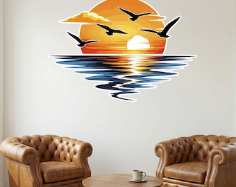Decoración de pared metálica con diseño de puesta de sol en el océano, letrero de casa de playa con gaviota, arte náutico costero, regalo personalizado para la playa.