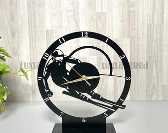 Personalized Skiing Metal Desk Clock: Engraved Sports Decor