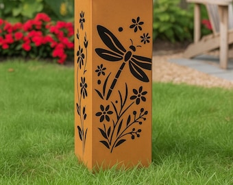 Rusty Dragonfly Garden Column: Laser-Cut Metal Outdoor Sculpture