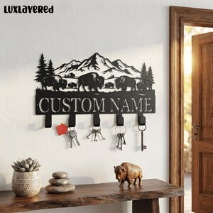 Custom Bison Metal Key Holder for Wall, Buffalo & Mountain Key Hanger, Home Decor, Entryway Organizer
