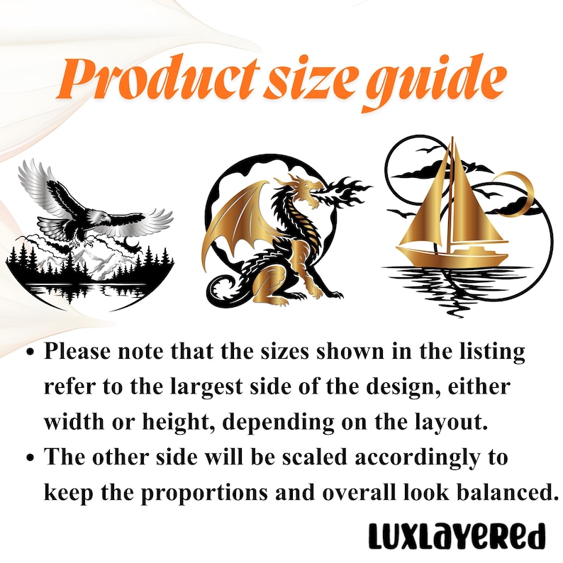 Pu&ograve; includere: Guida alle taglie dei prodotti con tre disegni decorativi: un'aquila, un drago e una barca a vela. Il testo indica che le dimensioni si riferiscono al lato pi&ugrave; grande del disegno, larghezza o altezza. L'altro lato sar&agrave; ridimensionato.