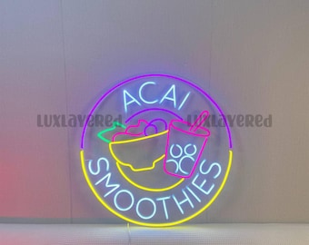 Acai Smoothie Neon Sign – Custom LED Light for Juice Bar, Acai Shop Wall Decor, Smoothie Bowl Cafe Sign, Kitchen Decor