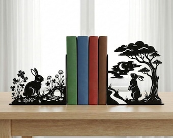 Fermalibri in metallo a forma di coniglio fatti a mano, fermalibri a forma di coniglio nella foresta lunare, regalo personalizzato per mensole, ornamento del bosco