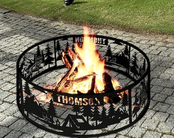 Rustic Metal Fire Ring: Camping Tent & Trees - Stainless Steel