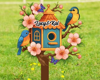 Pieu de jardin pour cabane d'oiseaux : piquet de jardin personnalisé, piquet de ferme rustique, cadeau pour amoureux des oiseaux
