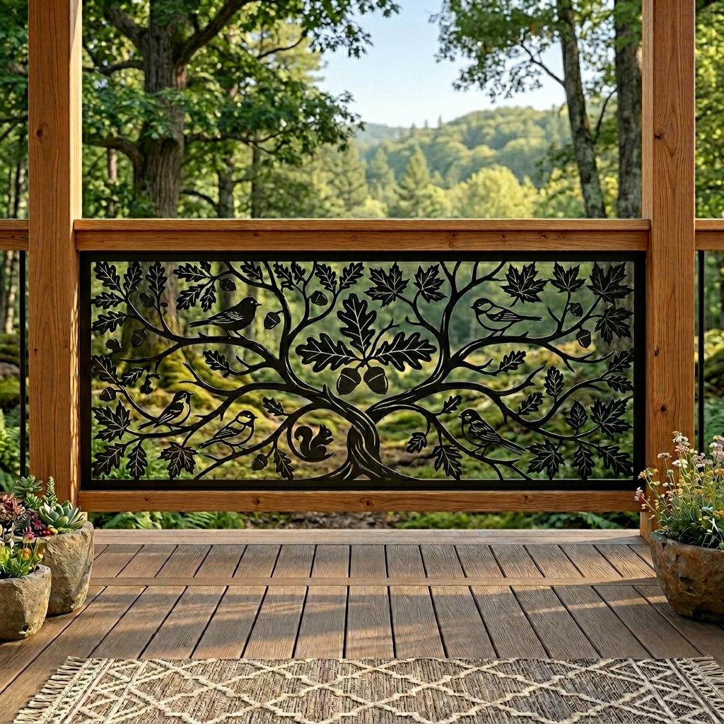 Oak Tree Metal Railing Panel, Custom Forest Bird Balustrade Insert ...