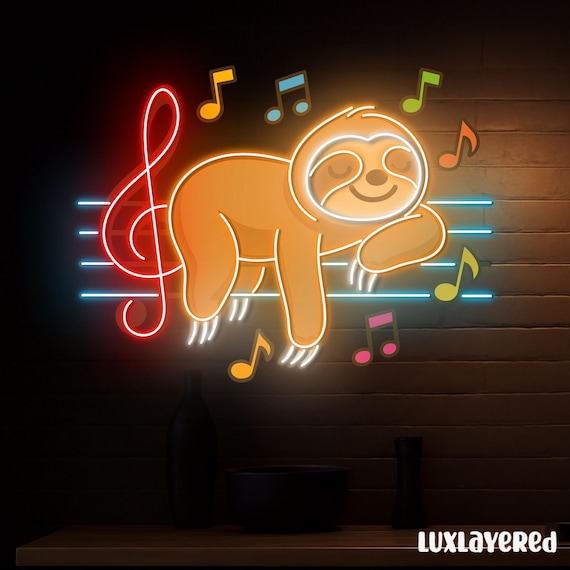 A sloth playing an instrument rendered in glowing neon is absurdly specific and delightfully weird — exactly the kind of thing a teen musician would hang in their room with pride.