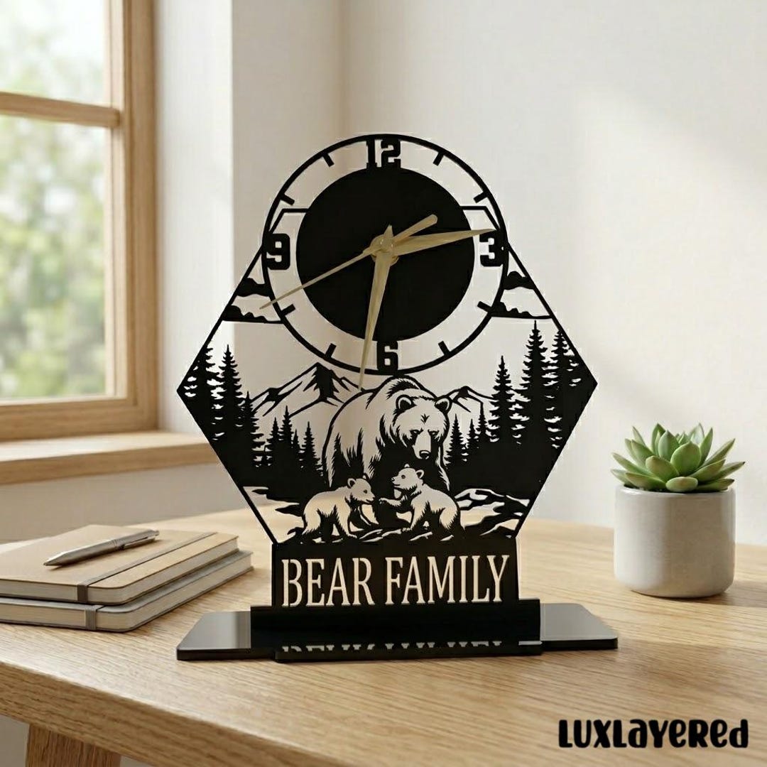 Custom Bear Family Metal Table Clock, Rustic Forest Desk Clock ...