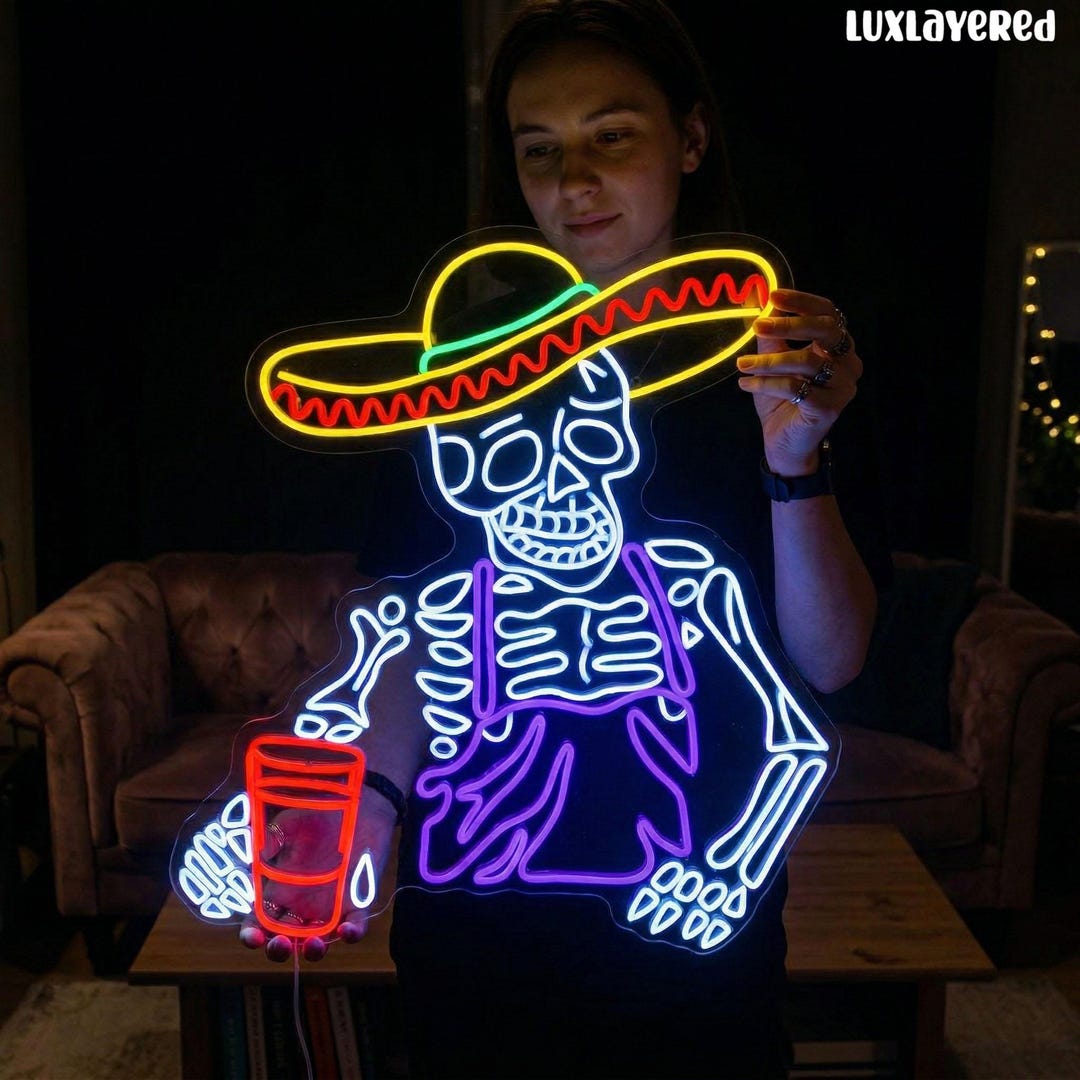 Skeleton Sombrero Cocktail Neon Sign – Custom LED Wall Decor for Bar ...