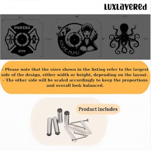 May include: Black metal wall art featuring a firefighter emblem, a poodle with a clock, and an octopus. The firefighter emblem is 18 inches wide, the poodle clock is 15 inches wide, and the octopus is 14 inches wide. Includes mounting hardware.