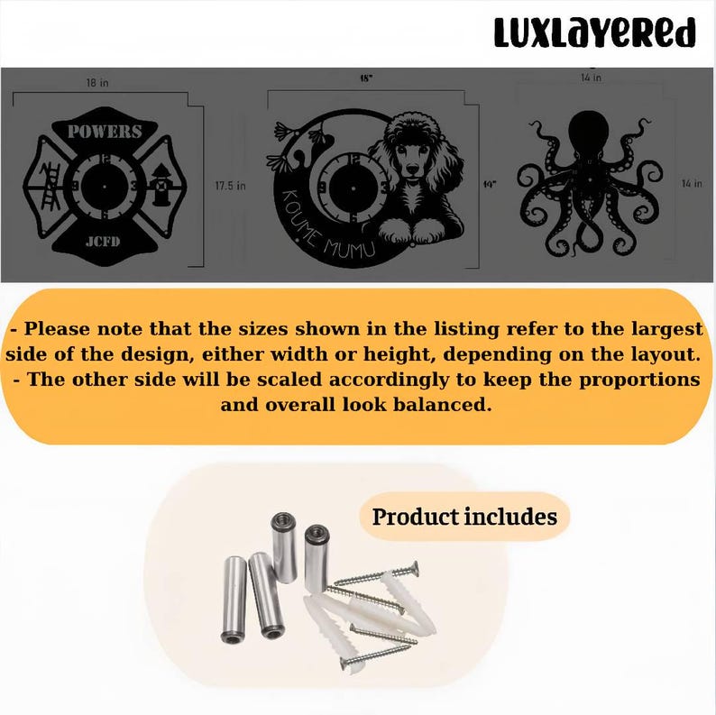 May include: Black metal wall art featuring a firefighter emblem, a poodle with a clock, and an octopus. The firefighter emblem is 18 inches wide, the poodle clock is 15 inches wide, and the octopus is 14 inches wide. Includes mounting hardware.
