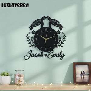 Personalized Sea Turtle Metal Wall Clock, Custom Name Beach House Decor, Ocean Theme Wedding Gift, Anniversary Gift, Valentines Day Decor