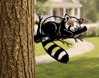 Raccoon Metal Tree Stake: Cute Animal Garden Decor, Rustic Outdoor Metal Art