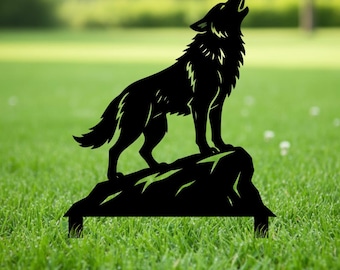 Estaca de jardín rústica de lobo de metal: Escultura de arte para césped con temática de vida silvestre