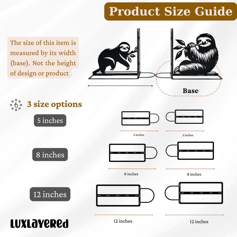 May include: Product size guide for a sloth-themed item. The guide shows three size options: 5 inches, 8 inches, and 12 inches. The size is measured by the base width. The image includes a sloth design and the Luxlayered logo.
