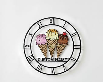 Custom Ice Cream Metal Wall Clock, Personalized Ice Cream Shop