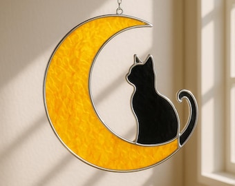 Cat Stained Glass Suncatcher : Moon Window Hanging, Home Decor, Handmade Cat Lover Gift