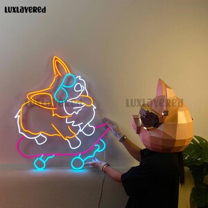 Led-neonbord Corgi Skateboarding: custom woondecoratie