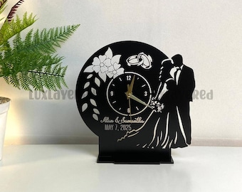 Personalized Metal Wedding Table, Custom Name Engraved Desk Clock, Modern Home Decor, Anniversary Gift, Gift For Couple Lover