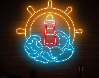 Letrero de neón de faro para decoración de pared, luz LED de ola oceánica, letrero de neón personalizado, regalo para marinero, decoración de timón de velero, regalo para él