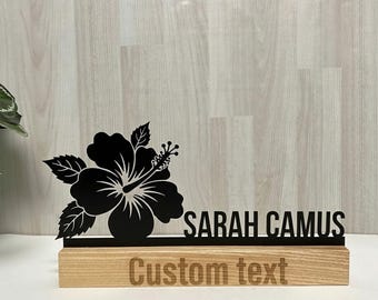 Placa de metal con nombre de hibisco: Letrero tropical para escritorio, decoración para amantes de las flores, placa de escritorio hawaiana