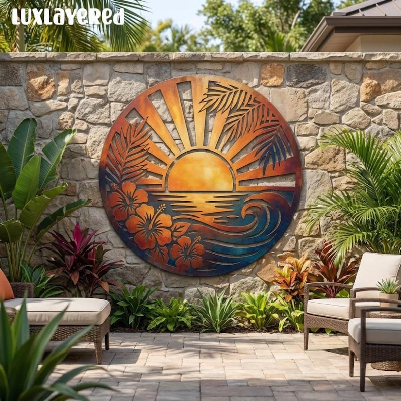 Tropical Sunset Metal Wall Art, Custom Hibiscus Beach Decor, Coastal Outdoor Wall Sign image 1