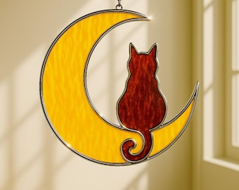 Cat Stained Glass Suncatcher : Moon Window Hanging, Home Decor, Cat Lover Gift