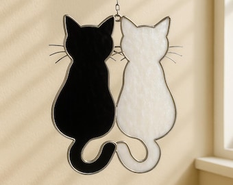 Cat Couple Stained Glass Suncatcher : Moon Window Hanging, Home Decor, Handmade Cat Lover Gift, Cat Stained Glass