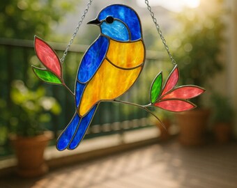 Apanhador de sol de vitral para pássaros, decoração para pendurar em janela de pássaros azuis, presente de Natal para apanhador de sol para pássaros, decoração de jardim