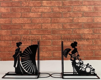Sujetalibros de geisha japonesa: decoración de estantería de acero inoxidable cortada con láser