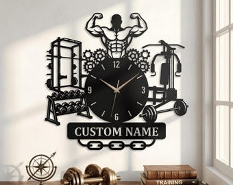 Bodybuilder Wall Clock, Personalized Gym Workout Metal Art, Fitness Decor