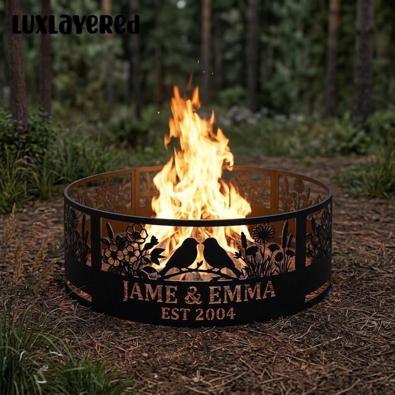 Bird Ringing Drawing Couple Birds Metal Fire Pit Ring, Custom Garden Floral Decor, Songbird ...