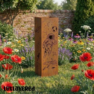 May include: A tall, rectangular, rusty-brown metal planter with etched space-themed illustrations, including an astronaut, planets, and constellations. The planter is surrounded by a vibrant garden with red poppies and other colorful flowers.