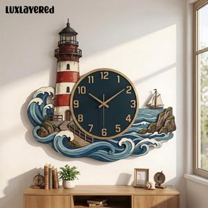 May include: A wall clock featuring a red and white lighthouse, a dark blue clock face with gold numbers, and stylized blue ocean waves. A small sailboat is visible on the right side. The text LUxLAYERED appears in the top left corner.
