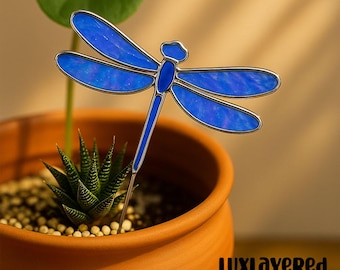 Stained Glass Dragonfly Plant Stake: Sun Catcher for Pots & Gardens Decoration, Unique Garden Decor Gift