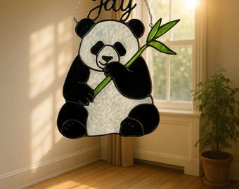 遊び心のあるパンダのステンドグラス - 竹アート - Etsy 日本