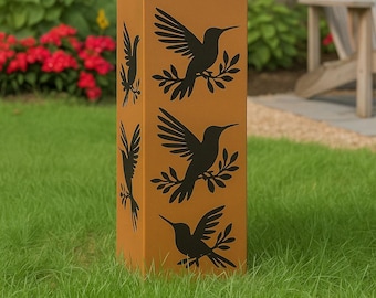 Hummingbird Garden Column: Rustic Metal Yard Art Sculpture