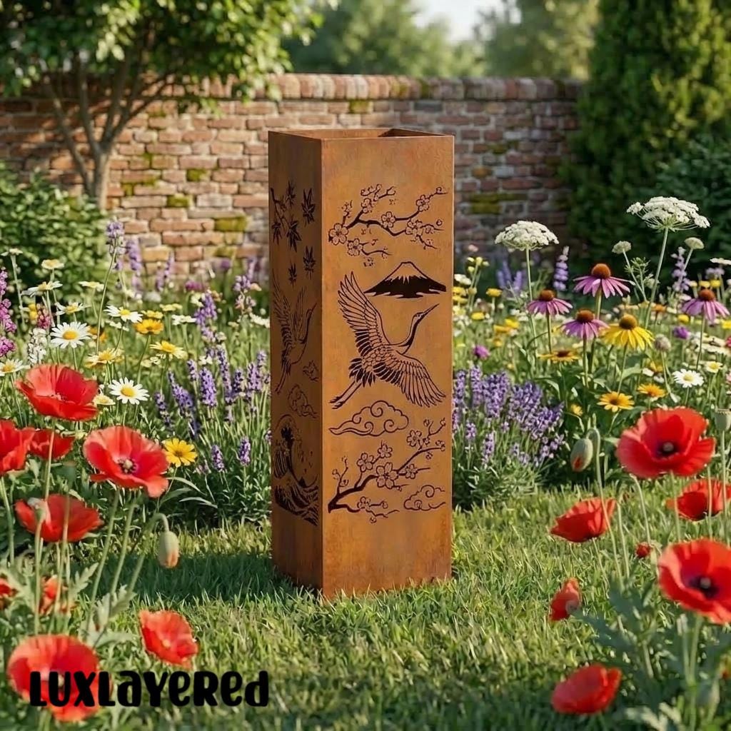 Crane Metal Garden Column, Japanese Outdoor Decor, Zen Garden Art