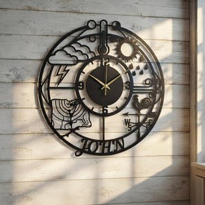 Könnte beinhalten: Eine runde Wanduhr aus schwarzem Metall mit einem zentralen Zifferblatt mit goldenen Zeigern und Zahlen. Der Rahmen enthält wetterbezogene Ausschnitte wie Sonne, Wolken, Blitz, Regen, eine Wetterfahne mit Hahn und den Namen JOHN unten.