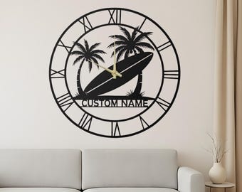 Surfboard Metal Wall Clock: Beach Wall Art, Surf Lover Decor, Dad Gifts
