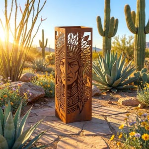 May include: A tall, rectangular, rust-colored metal fire pit screen featuring a laser-cut design of a person wearing a traditional feathered headdress. The metal structure has an open top and intricate geometric patterns surrounding the portrait.