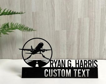 Airplane Metal Name Sign: Flight Desk Plate, Aviation Office Decor, Pilot Gift