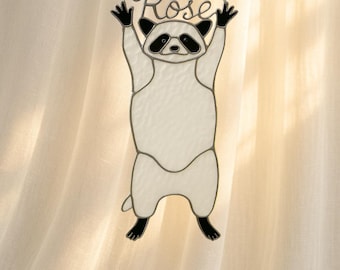 Custom Raccoon Stained Glass Suncatcher with Name, Animal Window Hanging Decor Gift, Raccoon Suncatcher Christmas Gifts