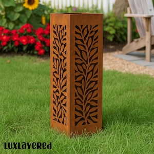 Rostige Metall Garten Säule: Laser-geschnittenes Blatt Muster, Outdoor Dekor
