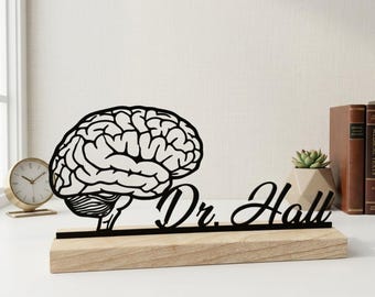 Decoración de mesa de metal con forma de cerebro: letrero de escritorio con el nombre del médico, decoración para la oficina del neurólogo, regalo personalizado
