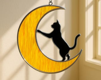 Cat Stained Glass Suncatcher : Moon Window Hanging, Home Decor, Handmade Cat Lover Gift, Cat Decor