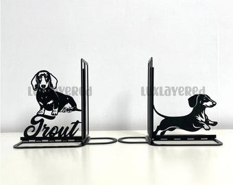 ダックスフンド犬のブックエンド：ブナ材と鉄製、ミニマルなL字型