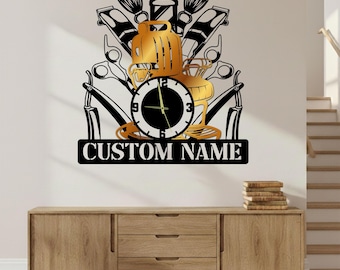 Reloj de pared de metal personalizado con plexiglás para peluquería: arte de pared para el cuidado personal masculino, decoración de salón, regalo para él.